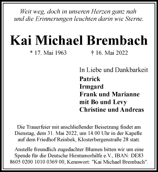 Traueranzeige von Kai Michael Brembach von Bergedorfer Zeitung