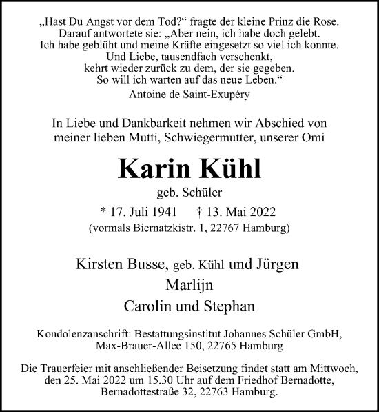 Traueranzeige von Karin Kühl von Hamburger Abendblatt
