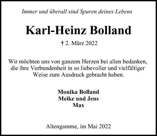 Traueranzeige von Karl-Heinz Bolland von Bergedorfer Zeitung