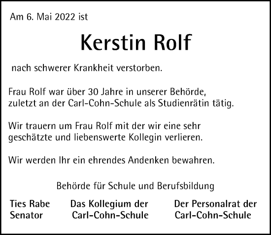 Traueranzeige von Kerstin Rolf von Hamburger Abendblatt