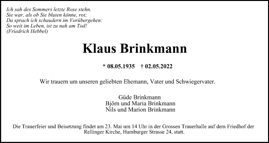 Traueranzeige von Klaus Brinkmann von Hamburger Abendblatt