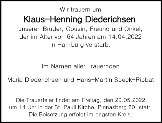 Traueranzeige von Klaus-Henning Diederichsen von Hamburger Abendblatt