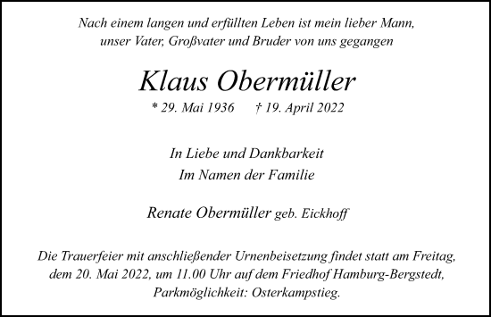 Traueranzeige von Klaus Obermüller von Hamburger Abendblatt