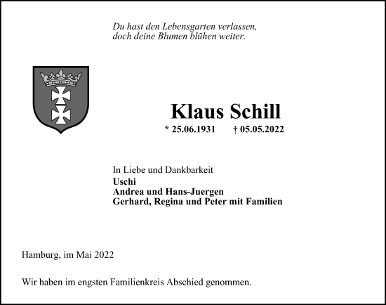 Traueranzeige von Klaus Schill von Hamburger Abendblatt