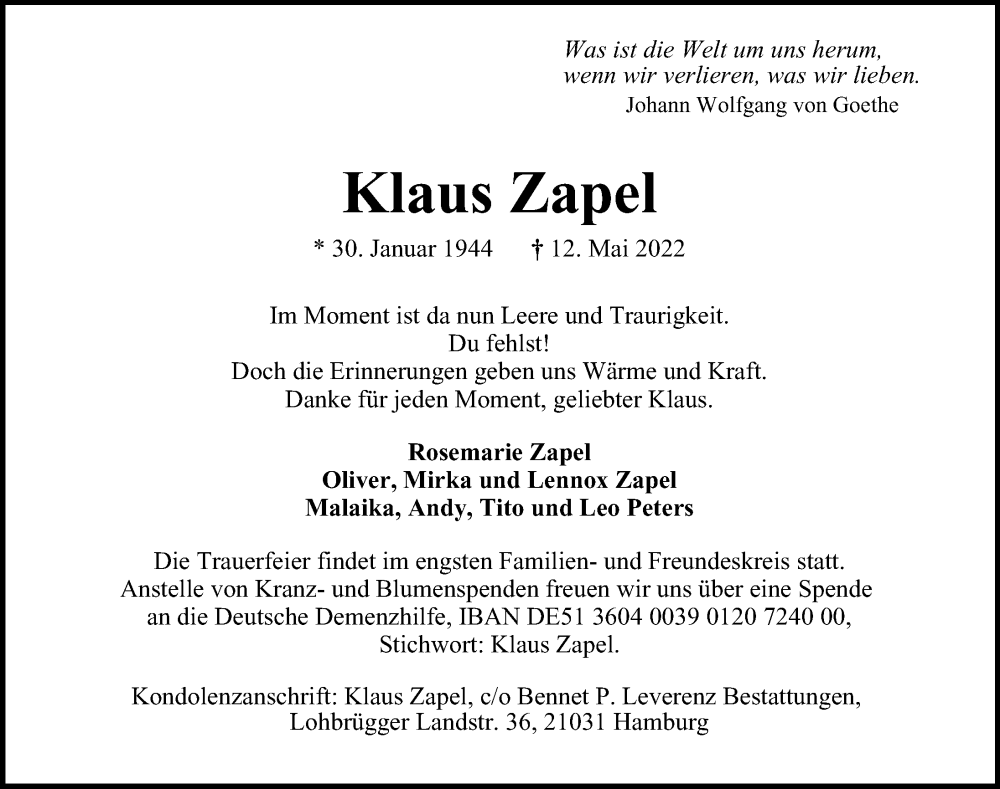  Traueranzeige für Klaus Zapel vom 21.05.2022 aus Hamburger Abendblatt
