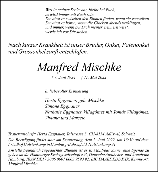 Traueranzeige von Manfred Mischke von Hamburger Abendblatt