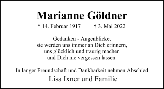 Traueranzeige von Marianne Göldner von Hamburger Abendblatt