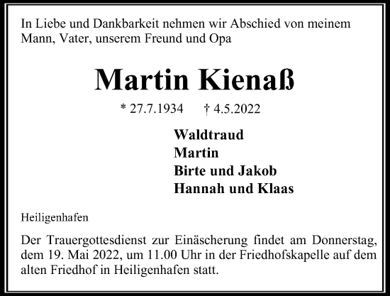 Traueranzeige von Martin Kienaß von Hamburger Abendblatt
