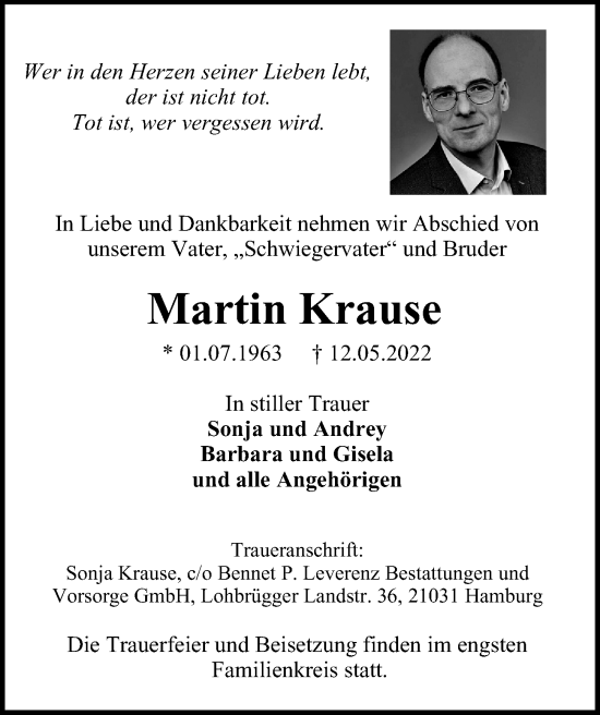 Traueranzeige von Martin Krause von Bille Wochenblatt, Bergedorfer Zeitung