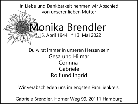 Traueranzeige von Monika Brendler von Bille Wochenblatt, Bergedorfer Zeitung