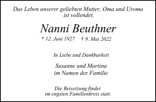 Traueranzeige von Nanni Beuthner von Hamburger Abendblatt