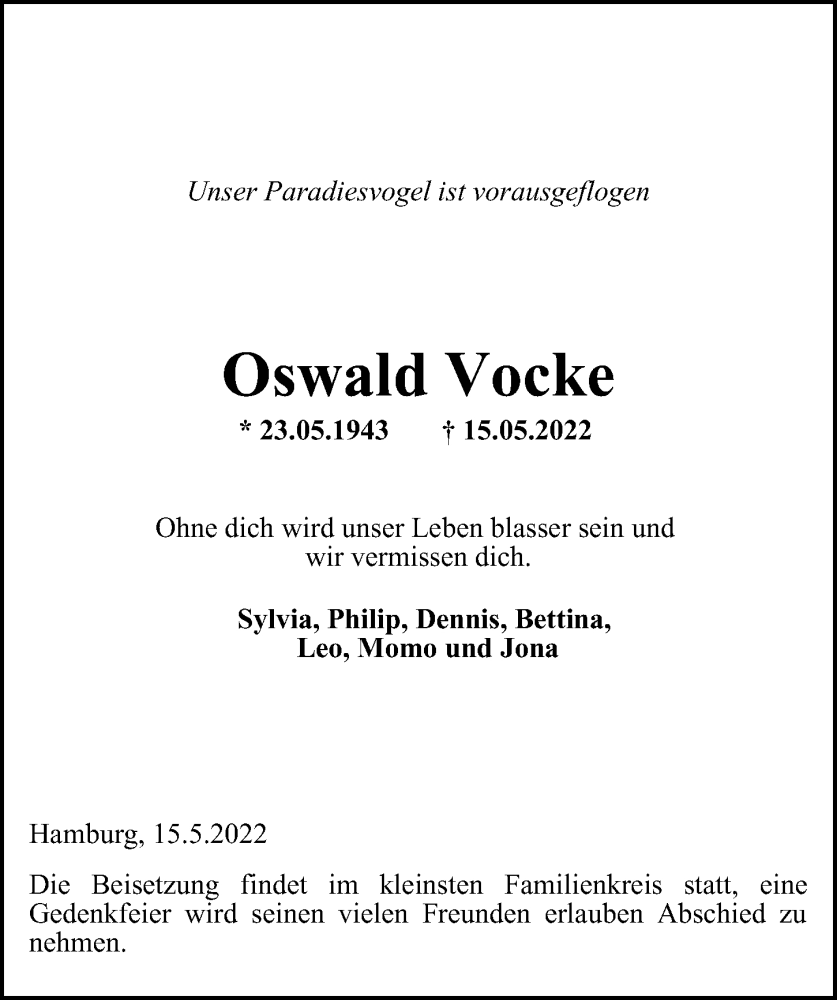  Traueranzeige für Oswald Vocke vom 21.05.2022 aus Hamburger Abendblatt