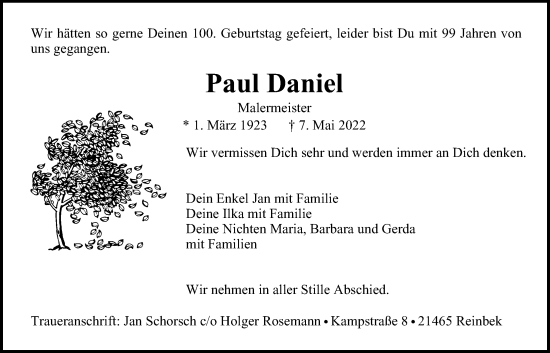 Traueranzeige von Paul Daniel von Bille Wochenblatt, Bergedorfer Zeitung