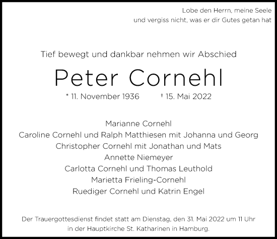 Traueranzeige von Peter Cornehl von Hamburger Abendblatt