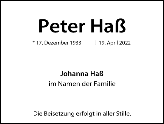 Traueranzeige von Peter Haß von Hamburger Abendblatt
