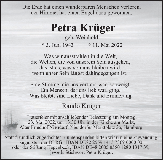 Traueranzeige von Petra Krüger von Niendorfer Wochenblatt