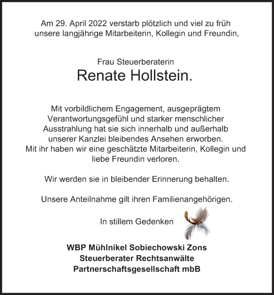 Traueranzeige von Renate Hollstein von Hamburger Abendblatt