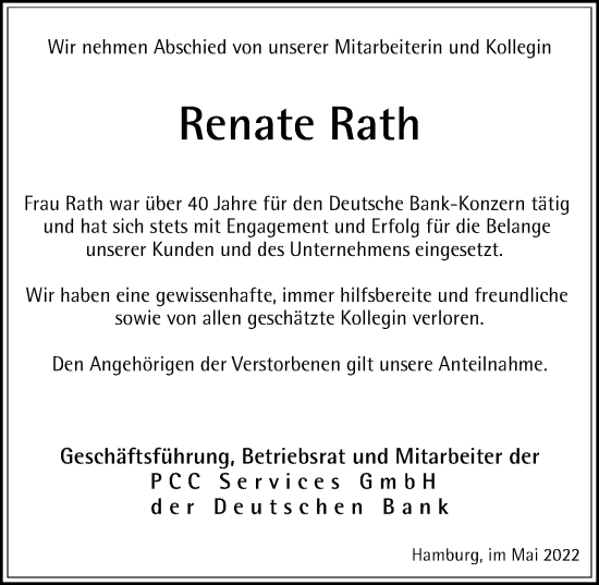 Traueranzeige von Renate Rath von Hamburger Abendblatt