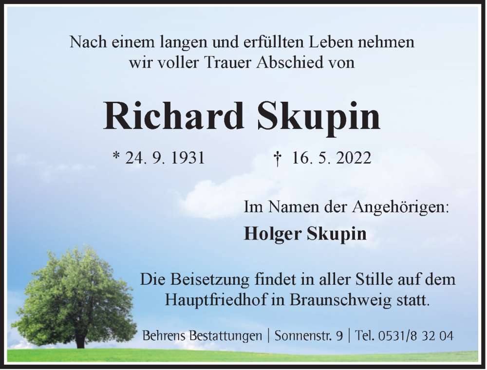  Traueranzeige für Richard Skupin vom 21.05.2022 aus Hamburger Abendblatt