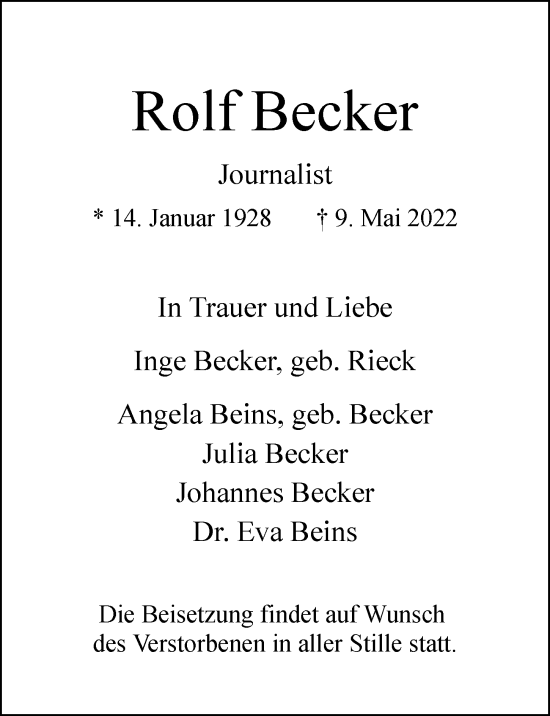 Traueranzeige von Rolf Becker von Hamburger Abendblatt