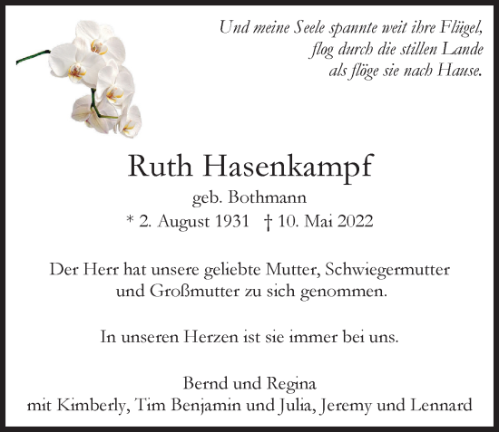 Traueranzeige von Ruth Hasenkampf von Hamburger Abendblatt