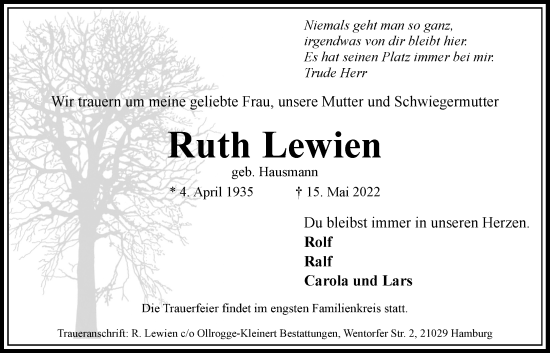 Traueranzeige von Ruth Lewien von Bergedorfer Zeitung