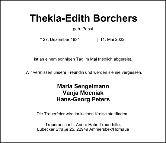 Traueranzeige von Thekla-Edith Borchers von Hamburger Abendblatt