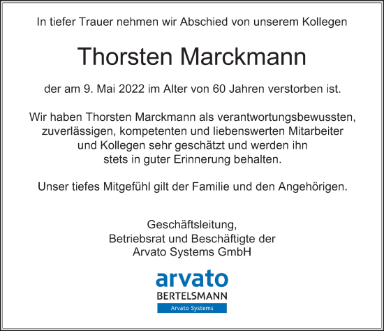 Traueranzeige von Thorsten Marckmann von Hamburger Abendblatt