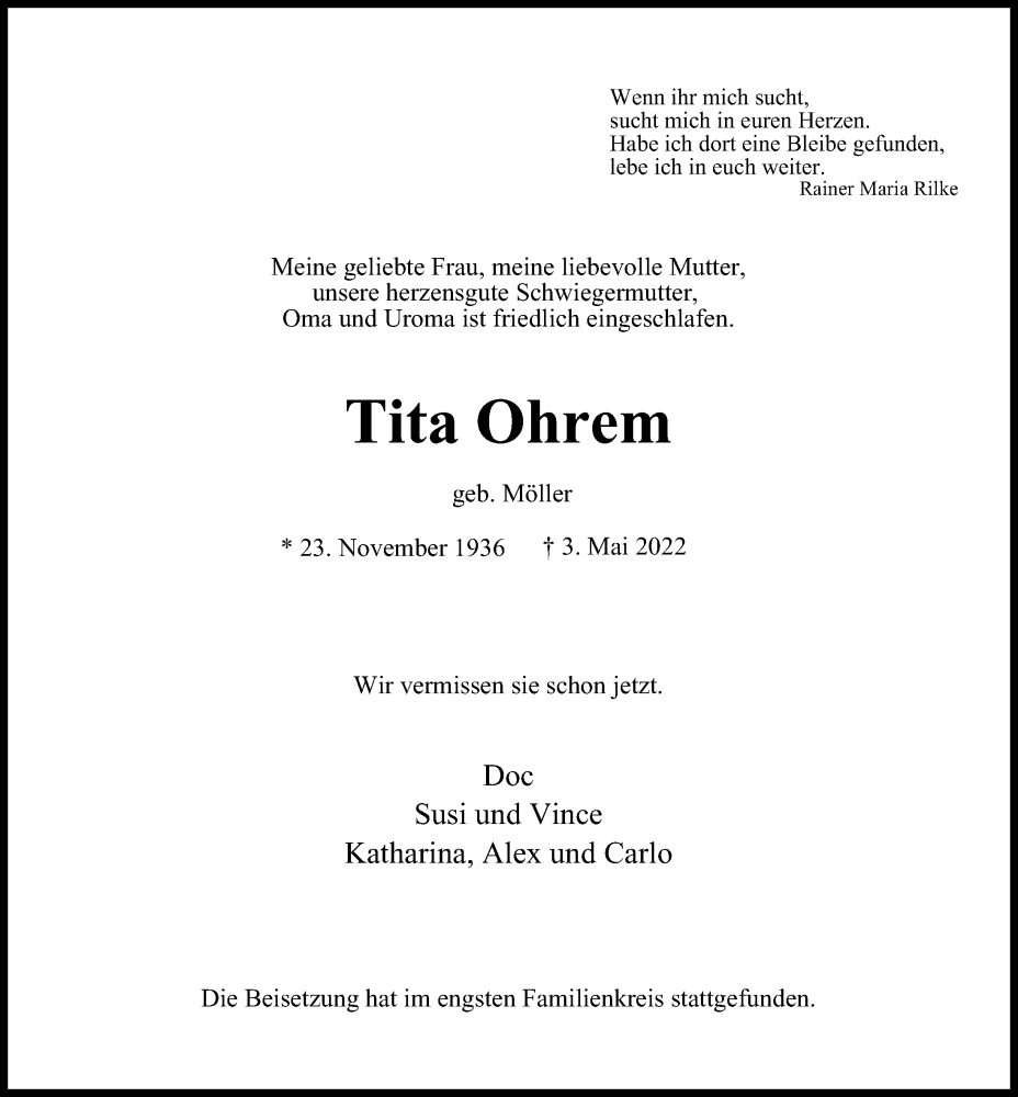  Traueranzeige für Tita Ohrem vom 14.05.2022 aus Hamburger Abendblatt