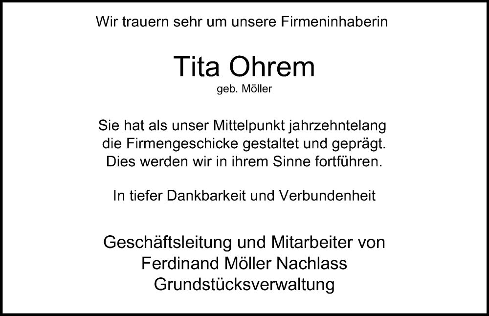  Traueranzeige für Tita Ohrem vom 14.05.2022 aus Hamburger Abendblatt