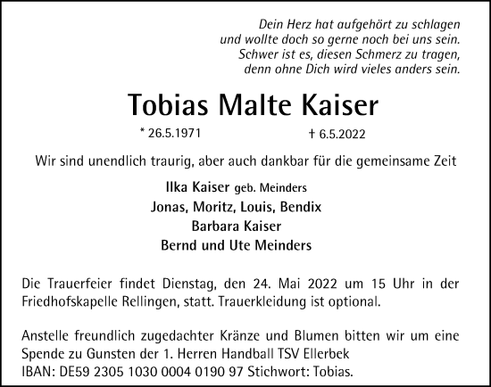 Traueranzeige von Tobias Malte Kaiser von Hamburger Abendblatt