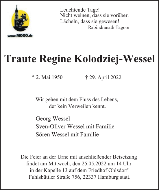 Traueranzeige von Traute Regine Kolodziej-Wessel von Hamburger Abendblatt