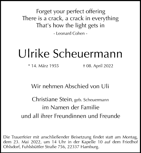 Traueranzeige von Ulrike Scheuermann von Hamburger Abendblatt