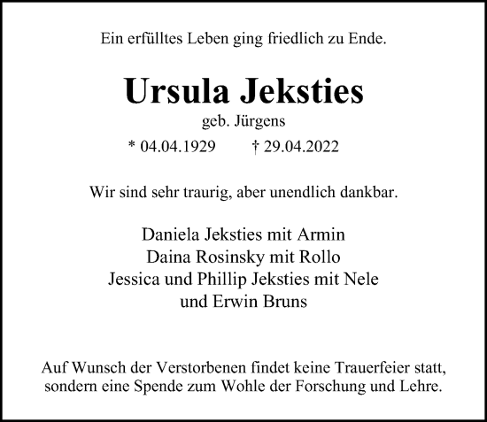 Traueranzeige von Ursula Jeksties von Hamburger Abendblatt