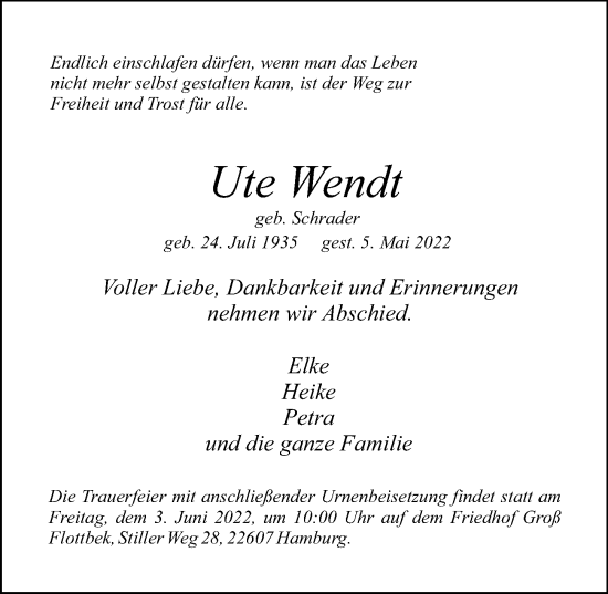 Traueranzeige von Ute Wendt von Hamburger Abendblatt