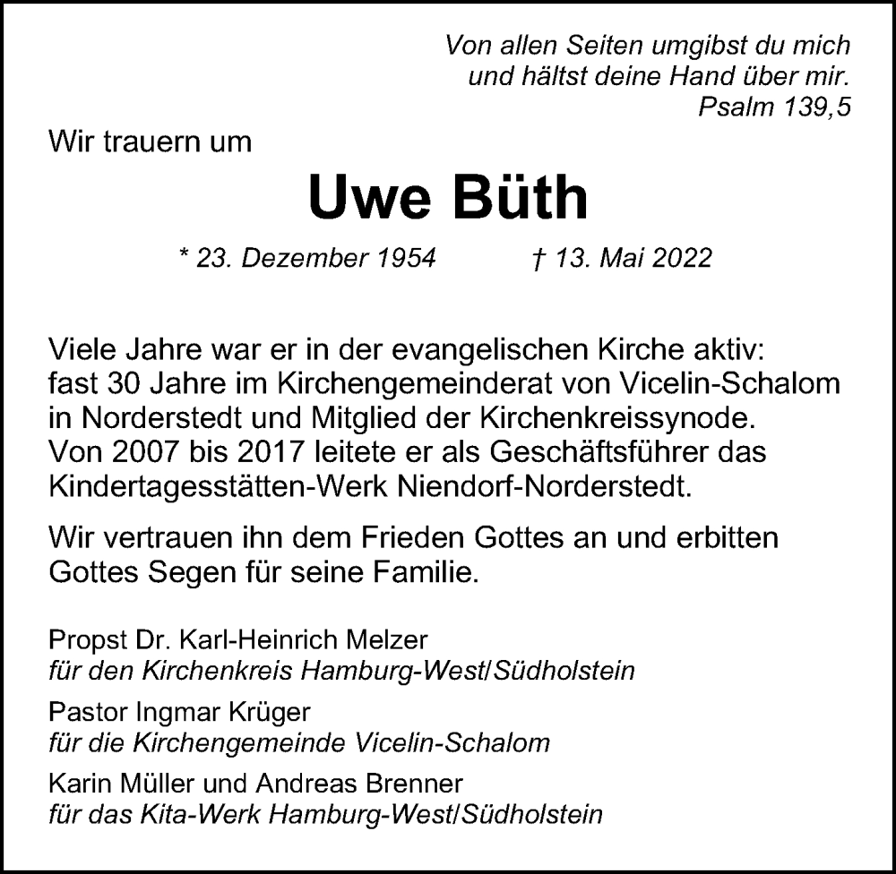  Traueranzeige für Uwe Büth vom 21.05.2022 aus HA Regio Norderstedt