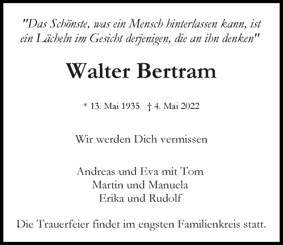 Traueranzeige von Walter Bertram von HA Regio Norderstedt