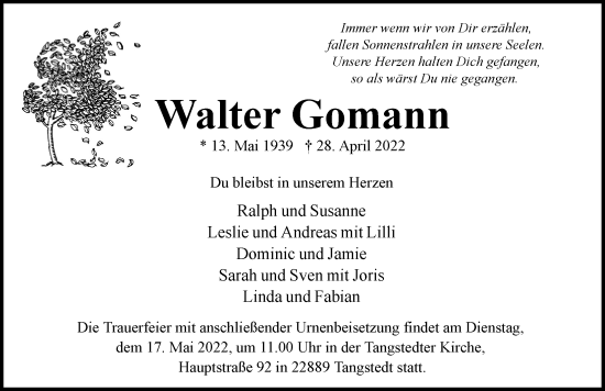 Traueranzeige von Walter Gomann von Hamburger Abendblatt