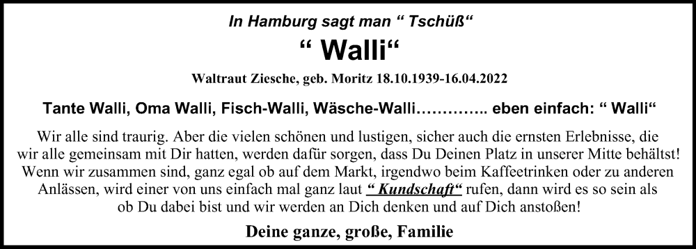  Traueranzeige für Waltraut Ziesche vom 04.05.2022 aus Hamburger Abendblatt