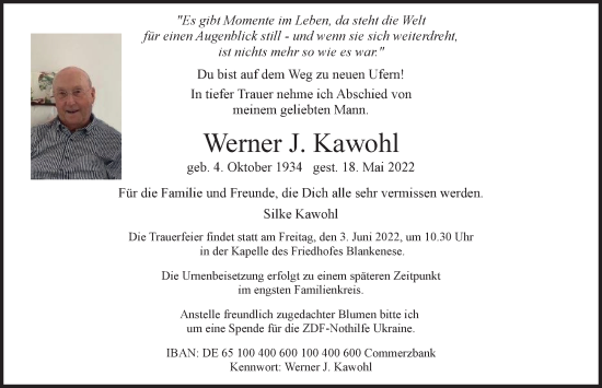 Traueranzeige von Werner J. Kawohl von Hamburger Abendblatt