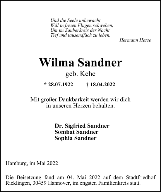 Traueranzeige von Wilma Sandner von Hamburger Abendblatt