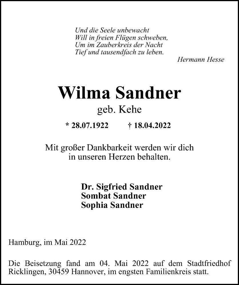  Traueranzeige für Wilma Sandner vom 14.05.2022 aus Hamburger Abendblatt