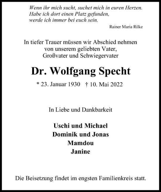 Traueranzeige von Wolfgang Specht von Hamburger Abendblatt
