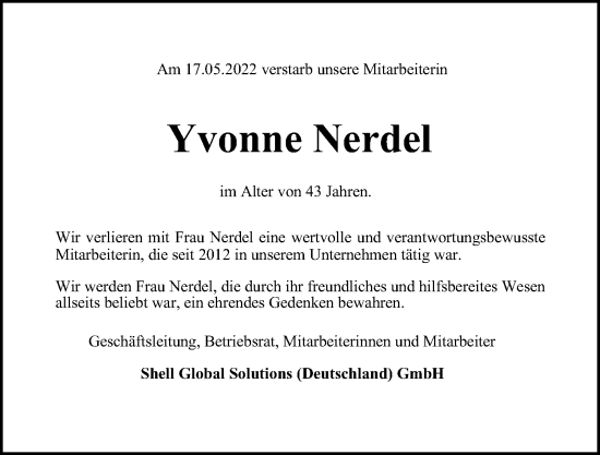 Traueranzeige von Yvonne Nerdel von Hamburger Abendblatt