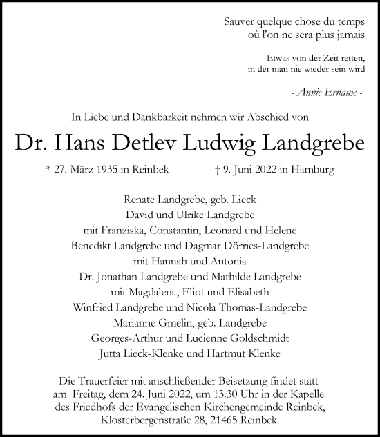 Traueranzeige von Dr. Hans Detlev Ludwig Landgrebe von Hamburger Abendblatt