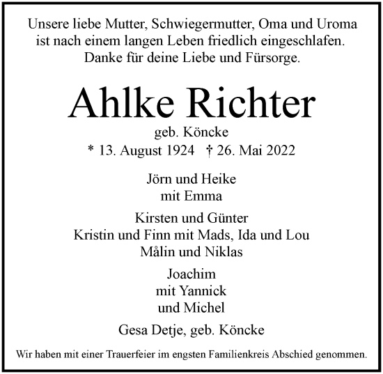 Traueranzeige von Ahlke Richter von Hamburger Abendblatt