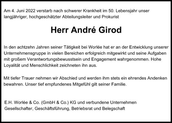 Traueranzeige von Andre Girod von Hamburger Abendblatt