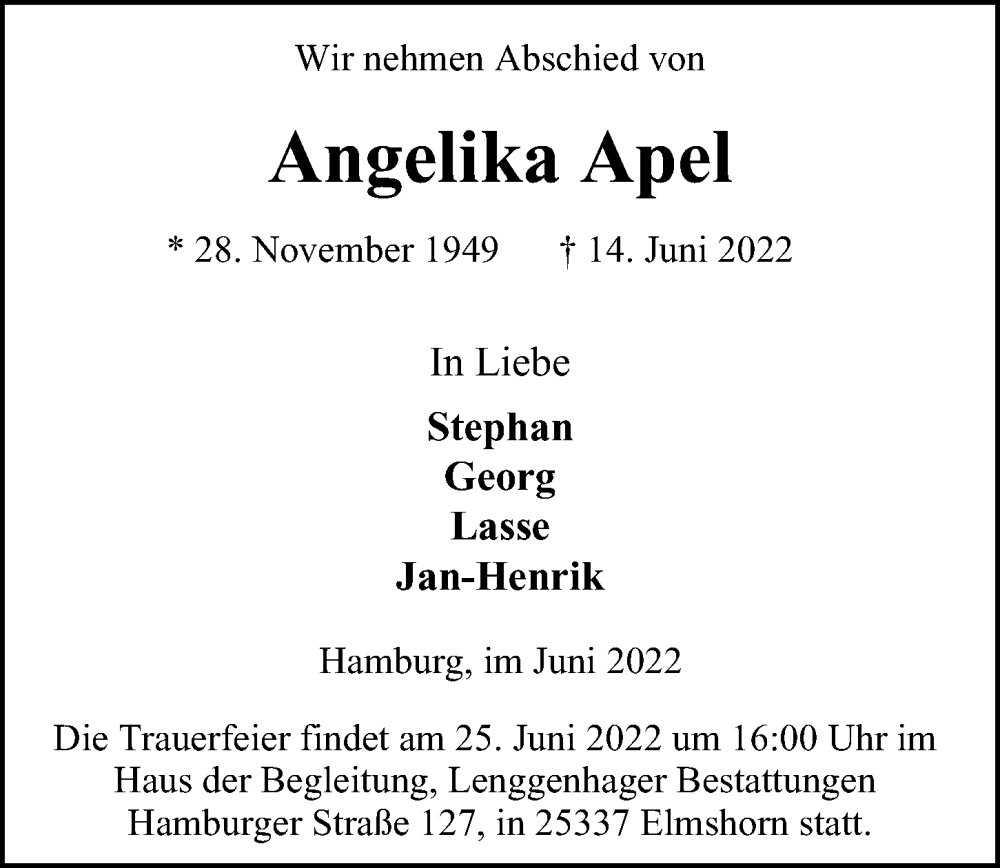  Traueranzeige für Angelika Apel vom 22.06.2022 aus Hamburger Abendblatt