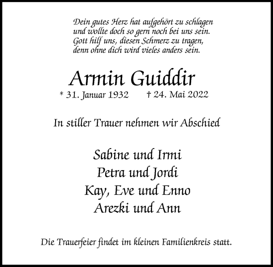 Traueranzeige von Armin Guiddir von Wandsbek/Rahlstedt/Jenfeld/Farmsen