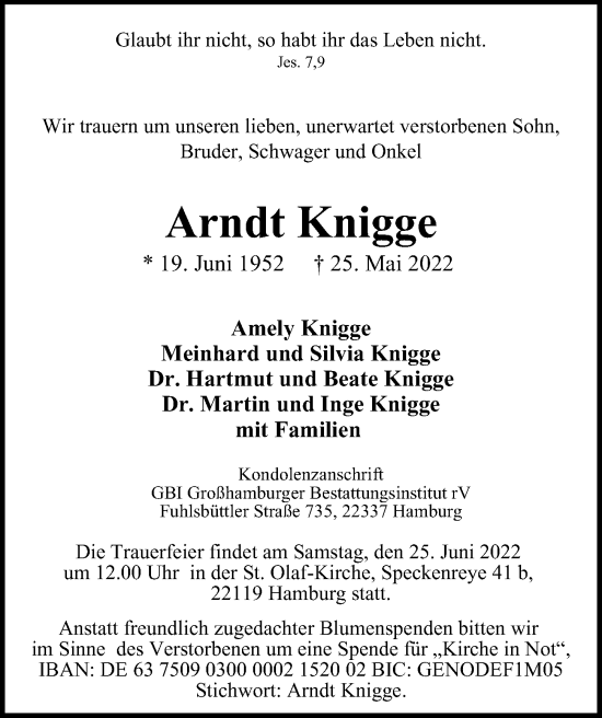 Traueranzeige von Arndt Knigge von Hamburger Abendblatt